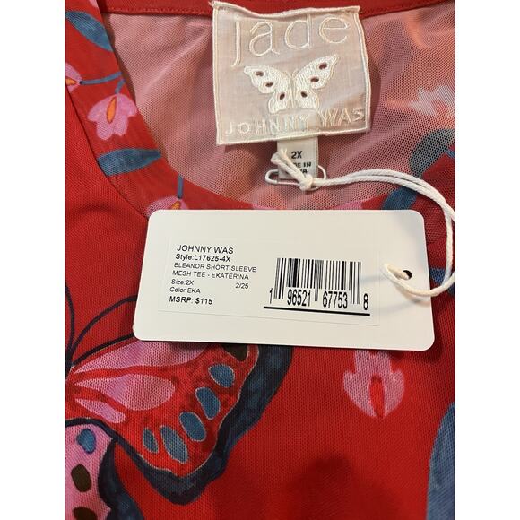 Johnny Was Eleanor Mesh T Shirt Size 2X Butterflies Red Colorful Boho Cruise - Picture 6 of 6
